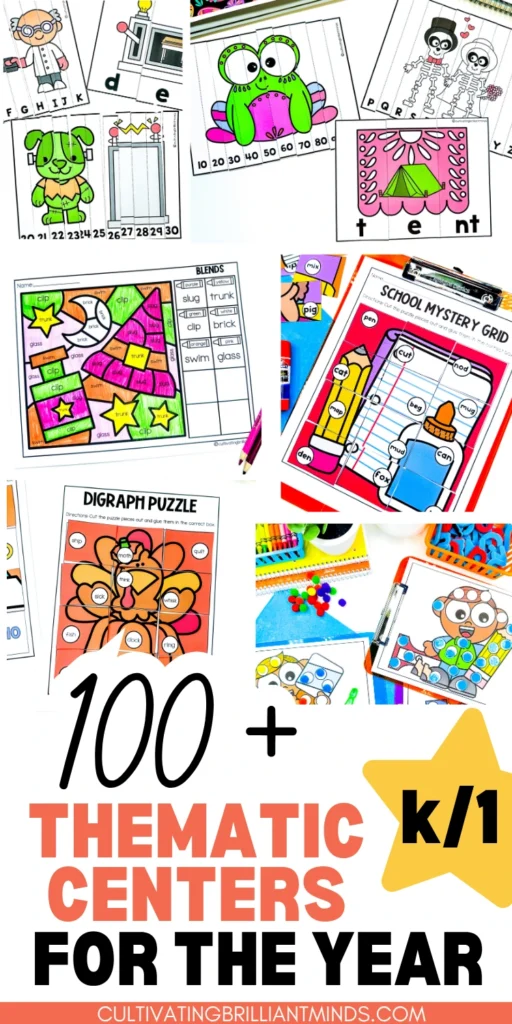 Thematic Centers - Cultivating Brilliant Minds a collage of 100+ thematic centers for the year