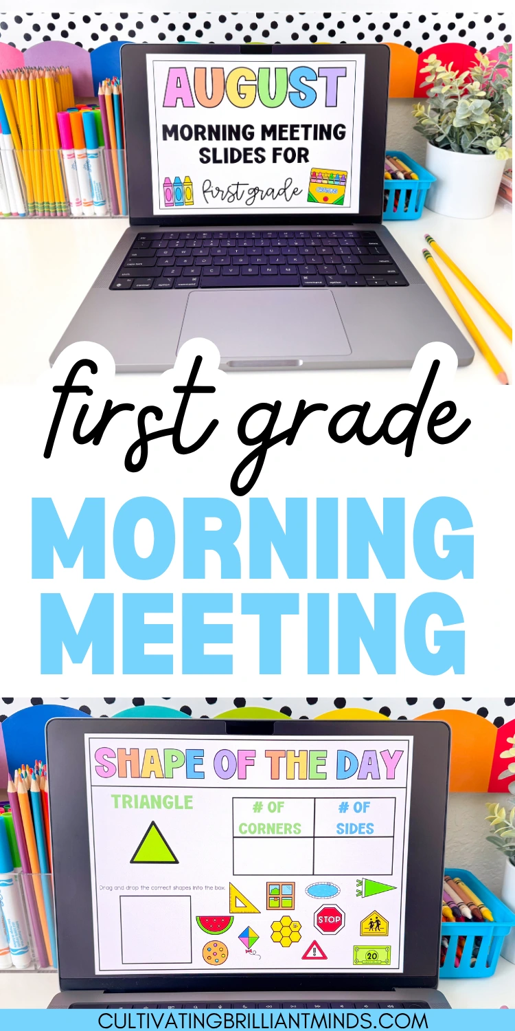 Collage of two laptops showing first grade morning meeting slides, surrounded by colorful pencils and supplies, with 'first grade MORNING MEETING' and 'SHAPE OF THE DAY' text visible.