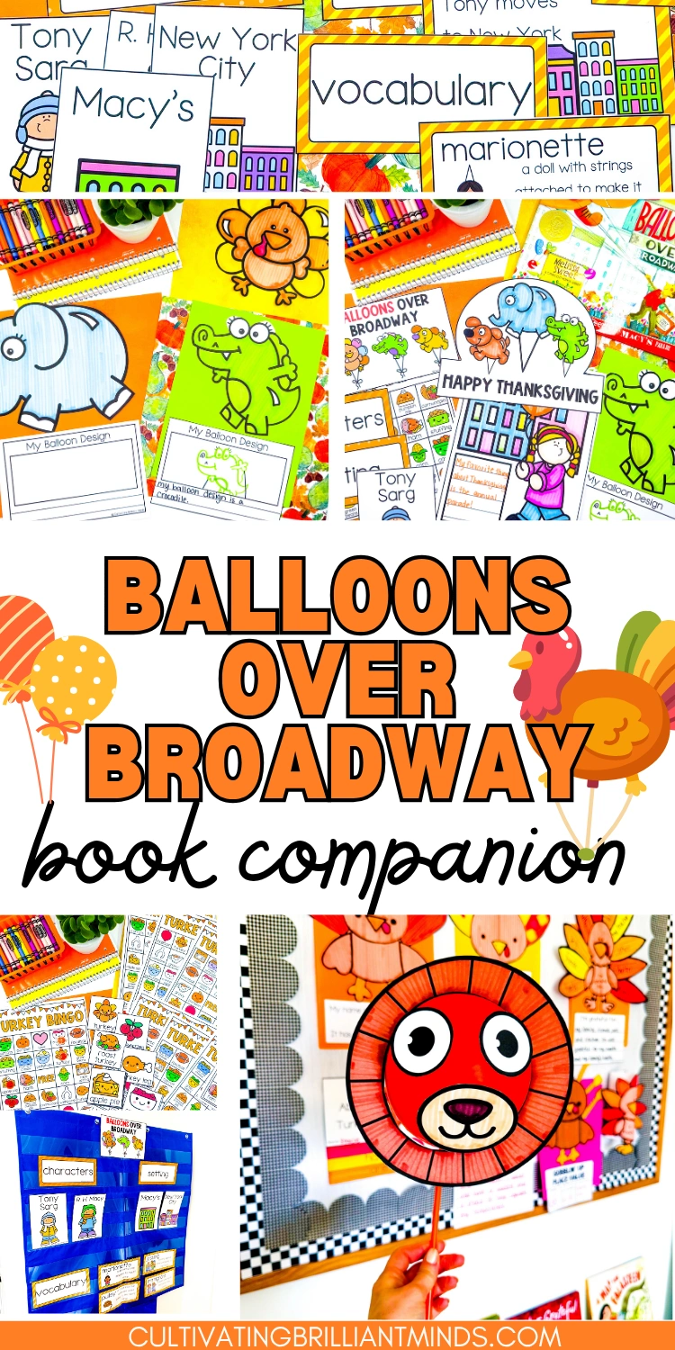 a collage of balloons over broadway book companion activities