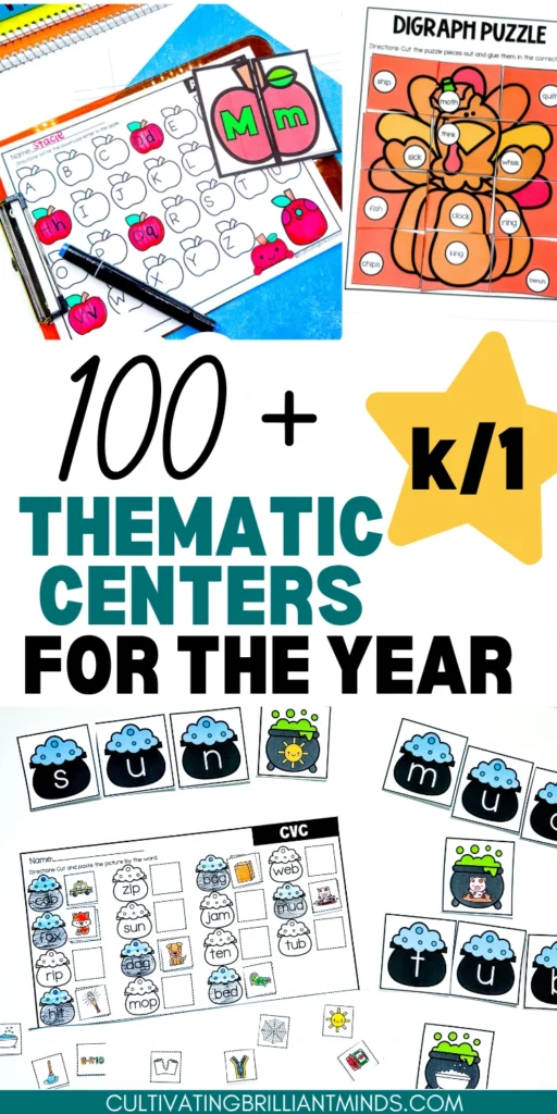 Thematic Centers - Cultivating Brilliant Minds a collage of 100+ thematic centers for the year