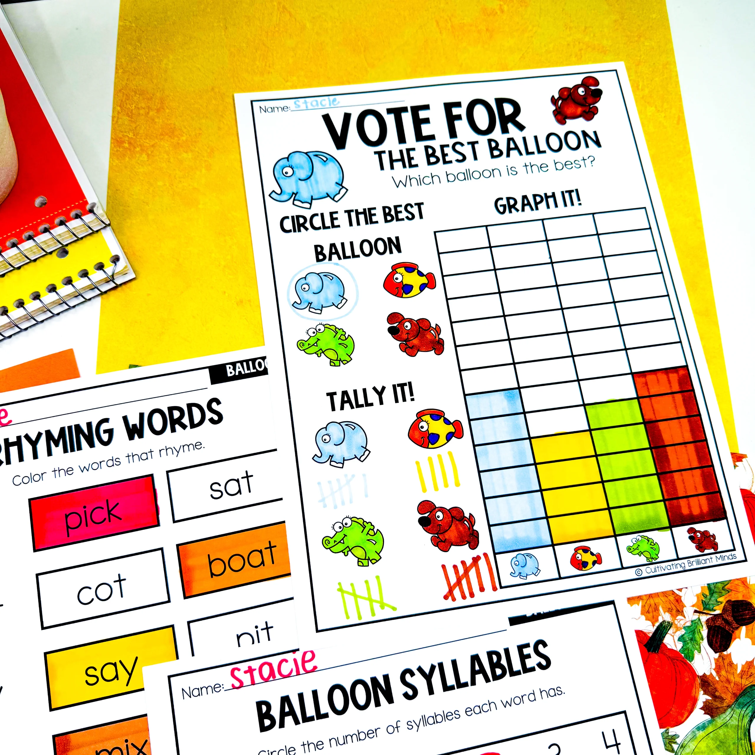 Colorful classroom worksheet titled Vote for the best balloon with a grid to tally syllables and cartoon balloons.