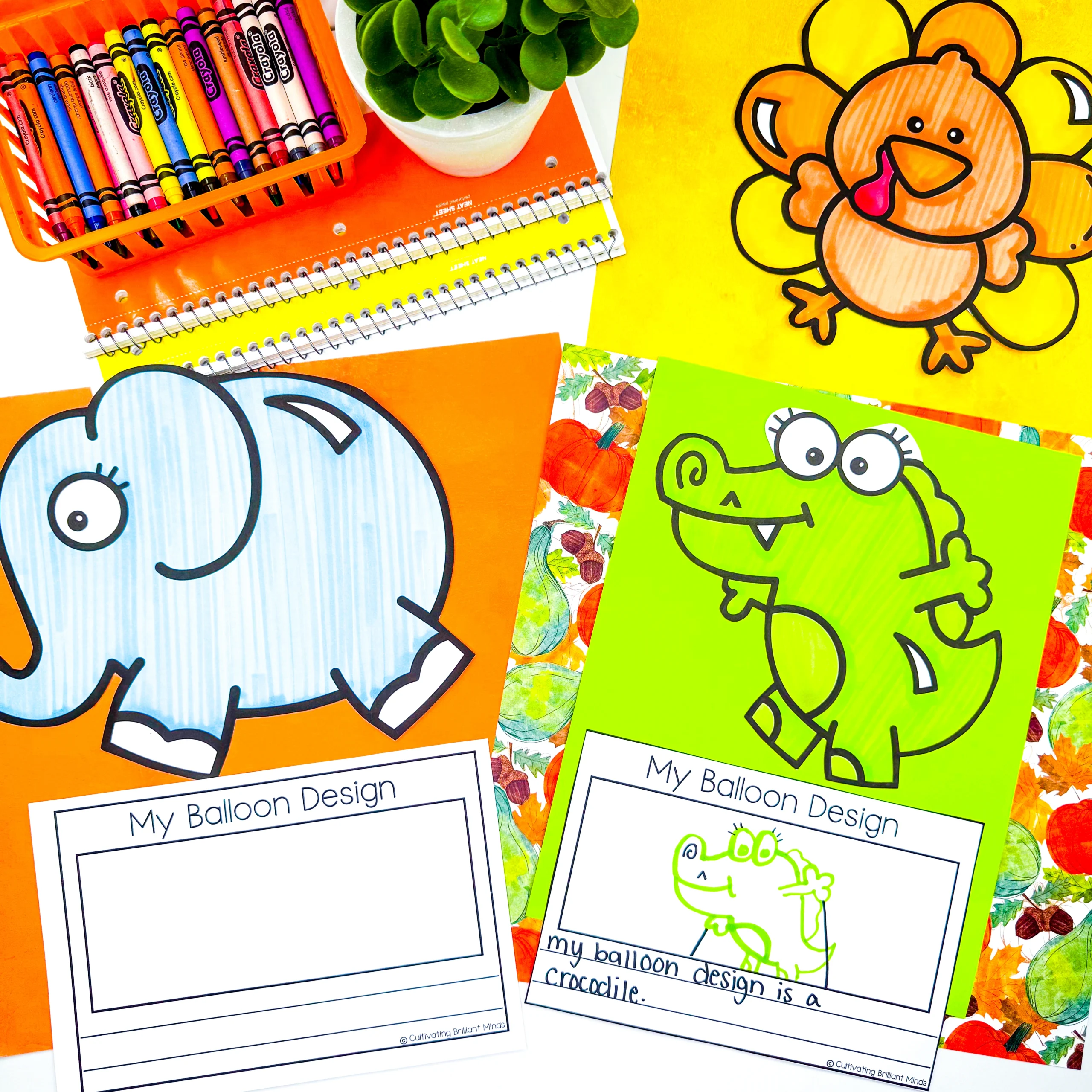 Colorful classroom collage with cartoon animal drawings, crayons, notebooks, and a small plant on bright orange and yellow papers